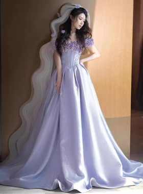 紫色晚礼服女2026新款立体花朵一字肩亚马逊舞会连衣裙主持人礼服