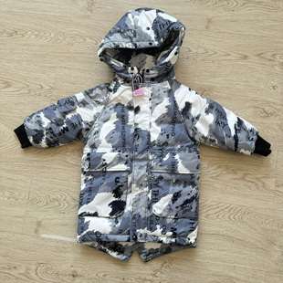 男童迷彩90白鸭绒羽绒服长款大口袋不规则潮童洋气连帽