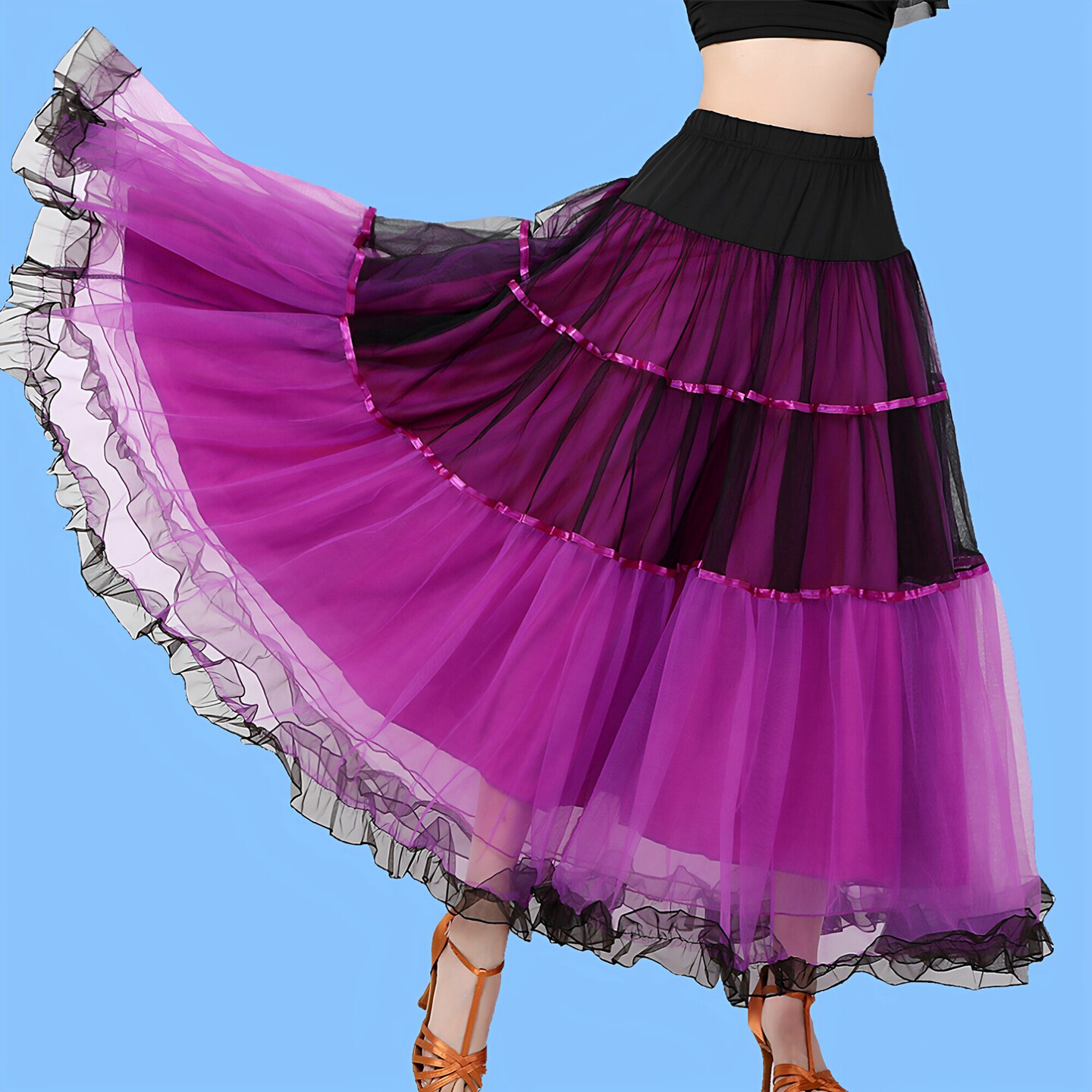 广场舞网纱半身裙春夏新款大摆摩登国标交谊拉丁跳舞练习拼接长裙