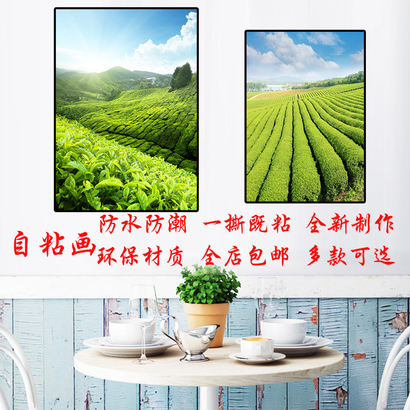 绿色自然风景茶山茶园自粘贴画江南梯田风光背胶壁画高清茶叶树画