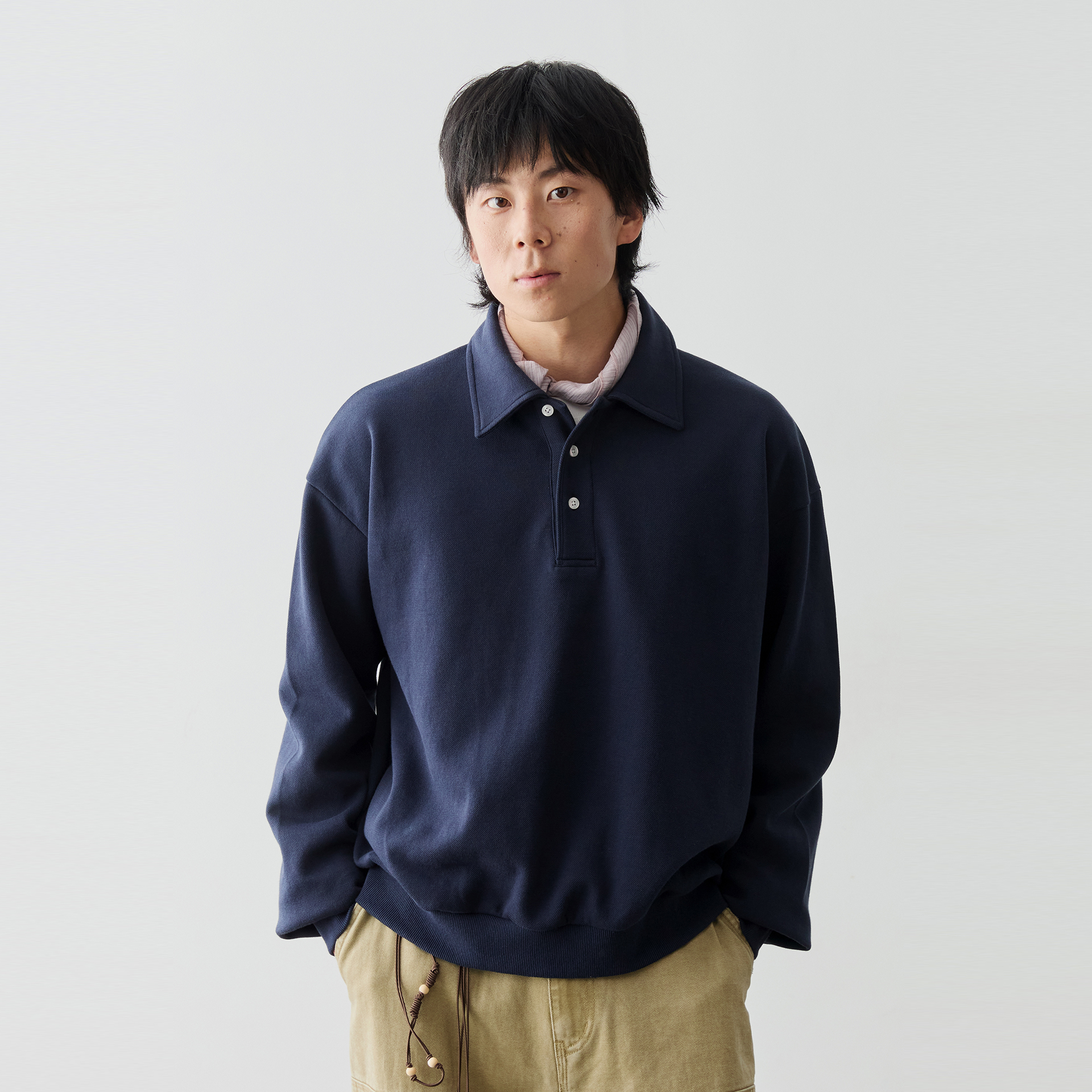 Vavu贝壳扣珠地卫衣半开襟