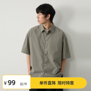 【季】Vavu日系复古格子短袖衬衫圆弧下摆翻领T恤男女衬衣