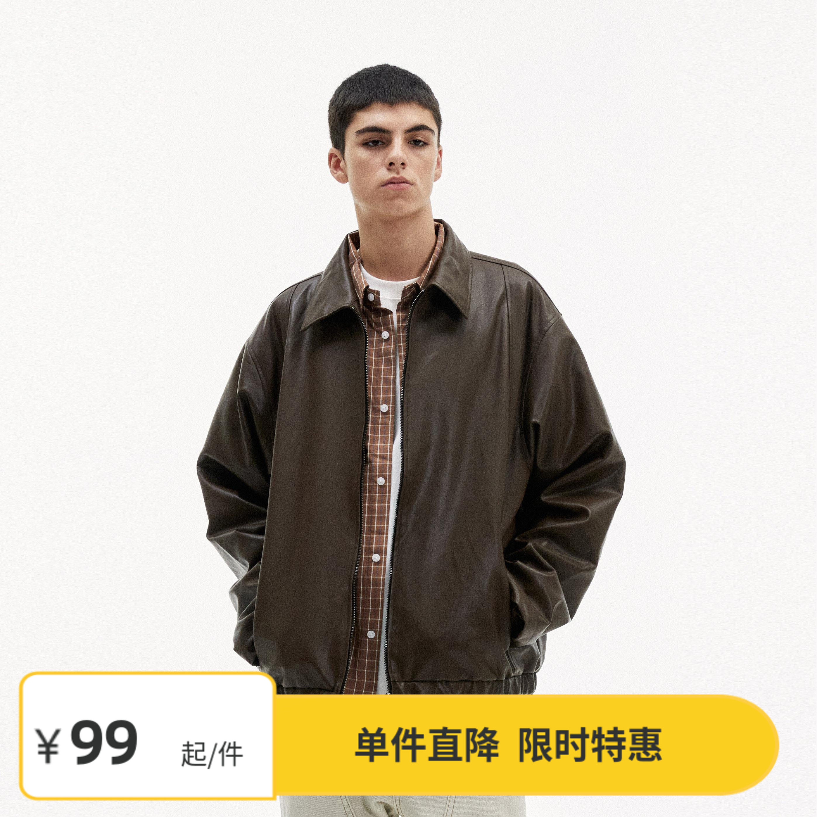 Vavu宽松翻领PU皮夹克外套图片
