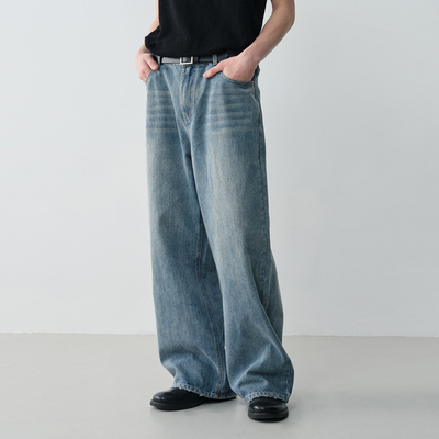 Vavu复古水洗做旧阔腿牛仔裤