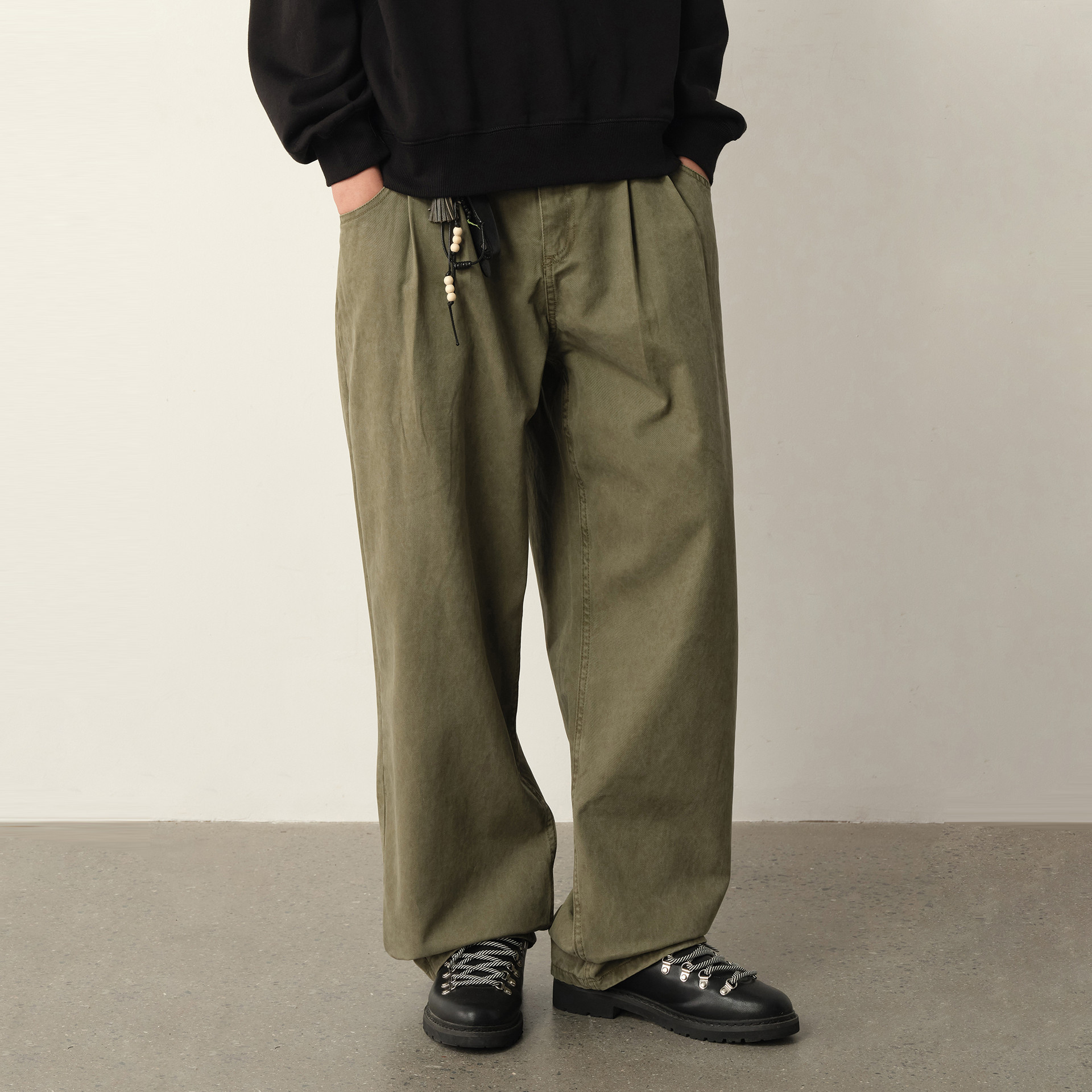 Vavu纯棉水洗做旧复古双褶休闲裤