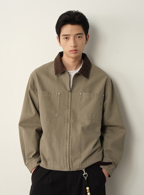 Vavu美式复古水洗灯芯绒帆布夹克格子里布巴恩风cleanfit工装外套