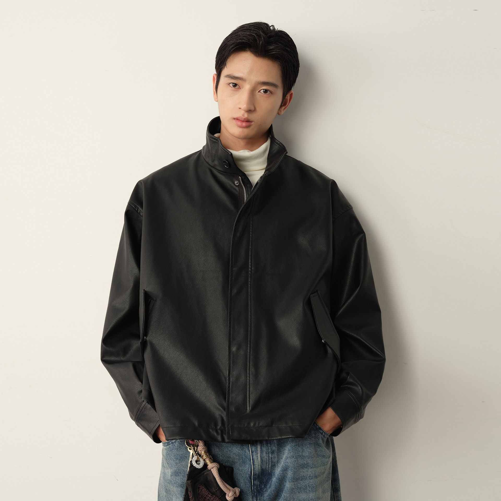 Vavu美式复古M65立领皮衣外套水洗机车下摆抽绳PU皮插袋纯色夹克,男装,夹克,淘宝优惠券,粉丝福利购,淘宝优惠卷