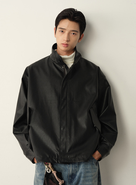 Vavu美式复古M65立领皮衣外套水洗机车下摆抽绳PU皮插袋纯色夹克