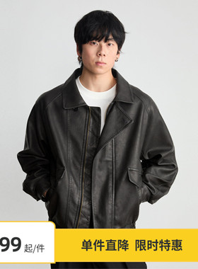 【限时6折】Vavu水洗做旧翻领皮衣皮夹克男美式复古机车外套潮
