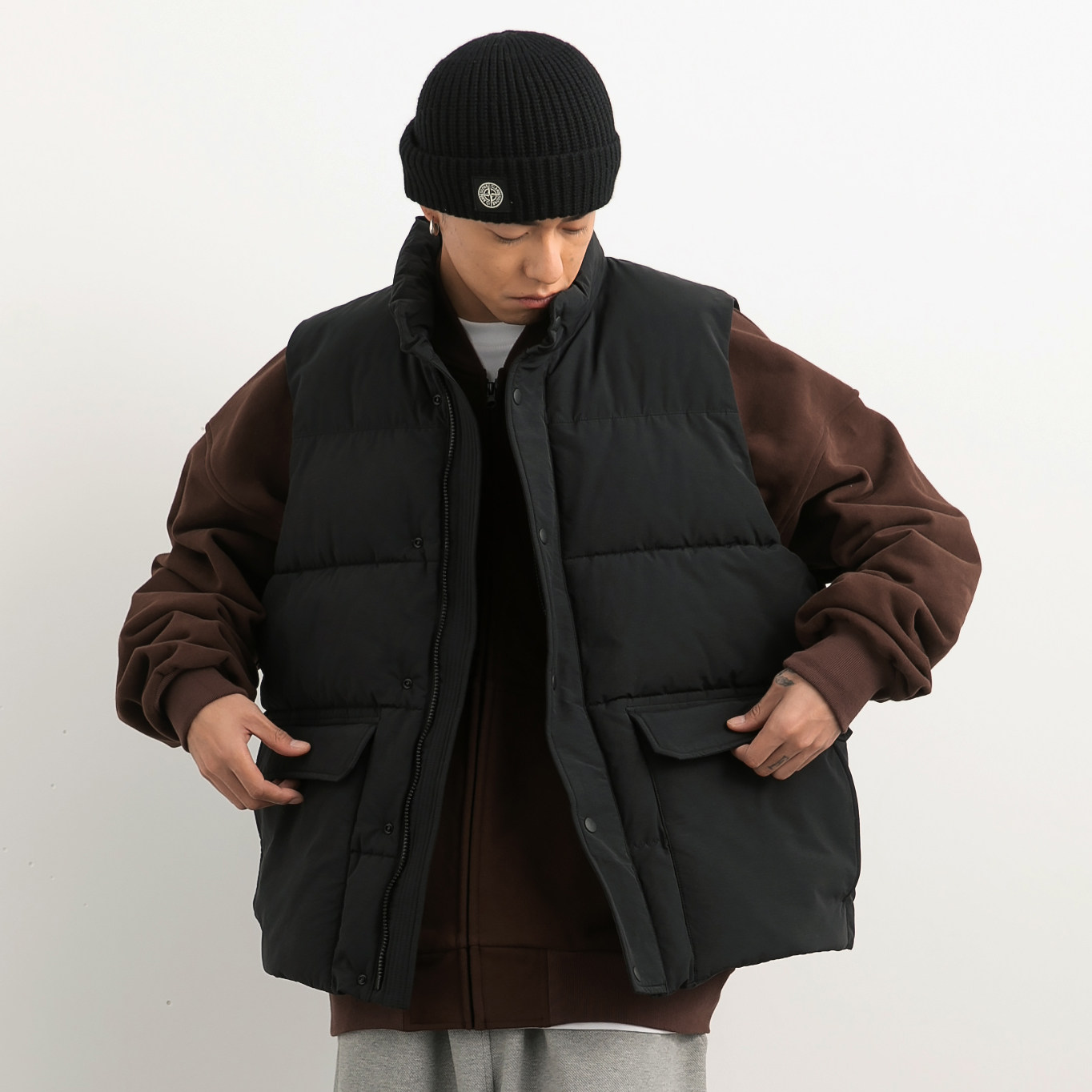 vavues秋冬加厚保暖棉马甲保暖背心男日系复古休闲立体插袋外套男