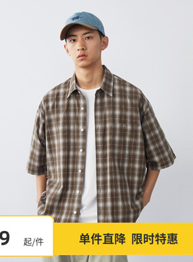 【3折特惠】Vavu春夏格子衬衫短袖男日系休闲cityboy半袖衬衣潮流