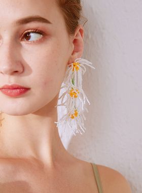 DD繁花系列/原创正品超美显瘦仙女耳环长款手工白色雏菊流苏耳夹
