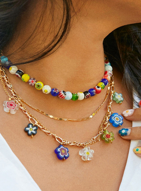 DD自留法式浪漫民族风高级彩色珠珠彩色小花短款项链花朵锁骨链