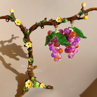 DD繁花系列/原创自制梦幻爆裂星空紫色提子葡萄手工串珠耳环耳夹
