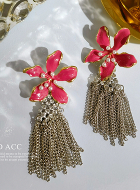 DD 秋冬百搭时尚巴洛克风夸张立体花朵珍珠装饰耳环流苏耳夹