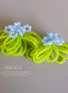 DD手工自制925银针扇形法式串珠绿色耳环小清新绿色时尚少女耳夹