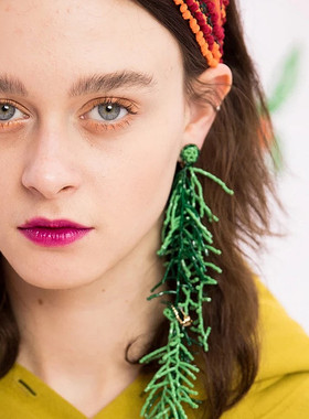 DD繁花系列/自留！显瘦法式浪漫纯手工绿色串珠藤蔓枝丫耳环耳夹