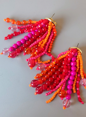 DD繁华系列/自留款！春夏活力满满的玫粉色流苏手工耳环