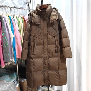 直筒连帽中长款羽绒服女棕色绗线加厚保暖显瘦外套1505