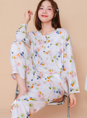 春秋薄款睡衣女夏纯棉绵绸长袖女装休闲时尚可外穿宽松家居服套装