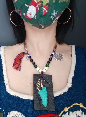 摩洛哥纯手工黑檀木原矿绿松石雕刻埃及守护神生命之匙项链毛衣链