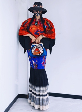 泰国民族风手工刺绣纯棉拼接老土布手织布百褶大摆鱼尾裙半身长裙