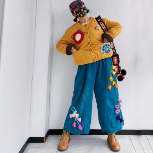 泰国风灯芯绒棉服手工钩针贴布秋冬棉衣外套
