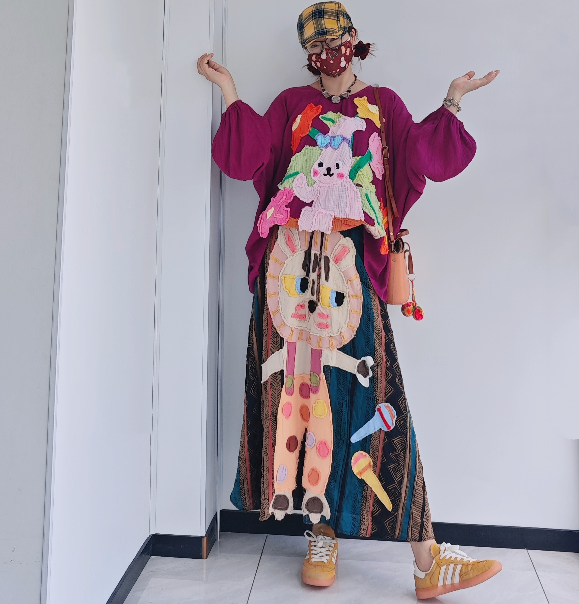 泰国纯棉手工刺绣贴布卡通可爱小狮子半身裙日式A字裙中长裙