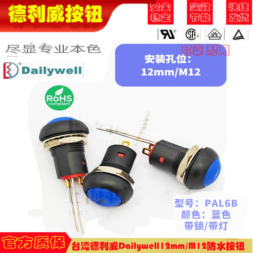 台湾德利威Dailywell12mm/M12防水按钮开关带锁无锁带灯防水 PAL