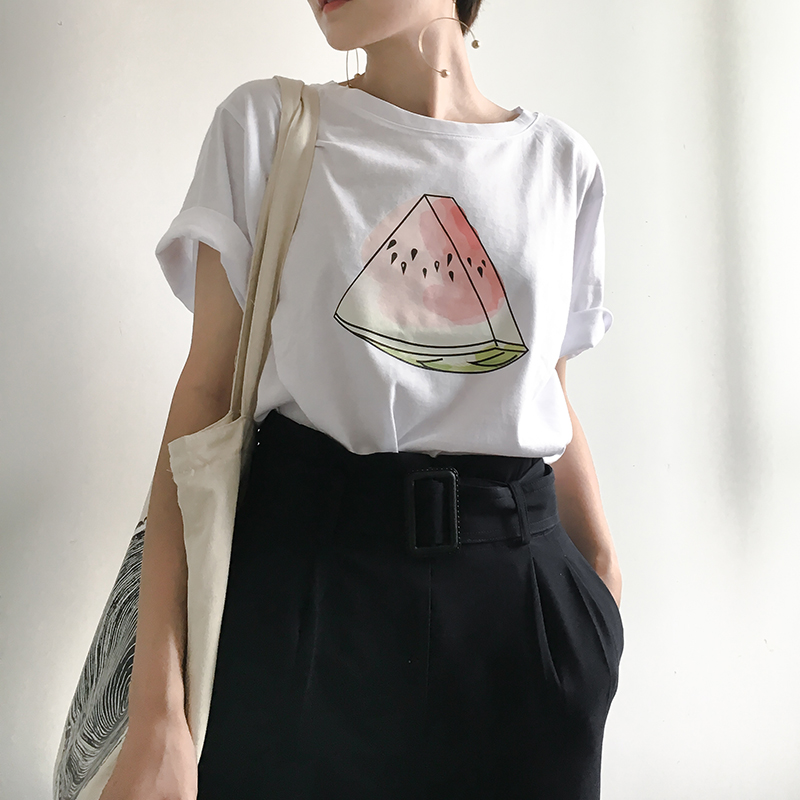 【59兩件】時游 手繪西瓜圖案印花寬松百搭短袖T恤衫女夏純棉打底