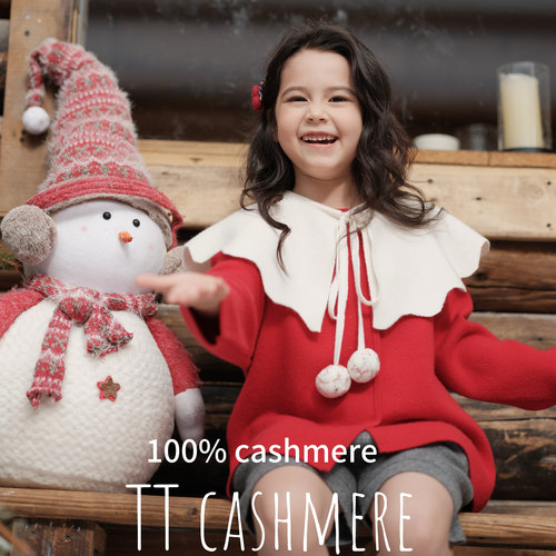 TT cashmere儿童山羊绒毛衣秋冬红色女童宝宝针织衫保暖披肩