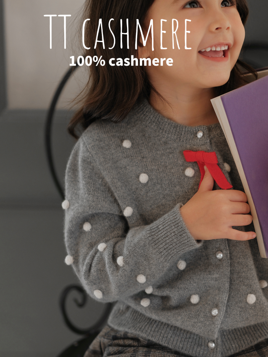 TTcashmere女童新品加厚圆领可爱波点山羊绒蝴蝶结圆领开衫毛衣