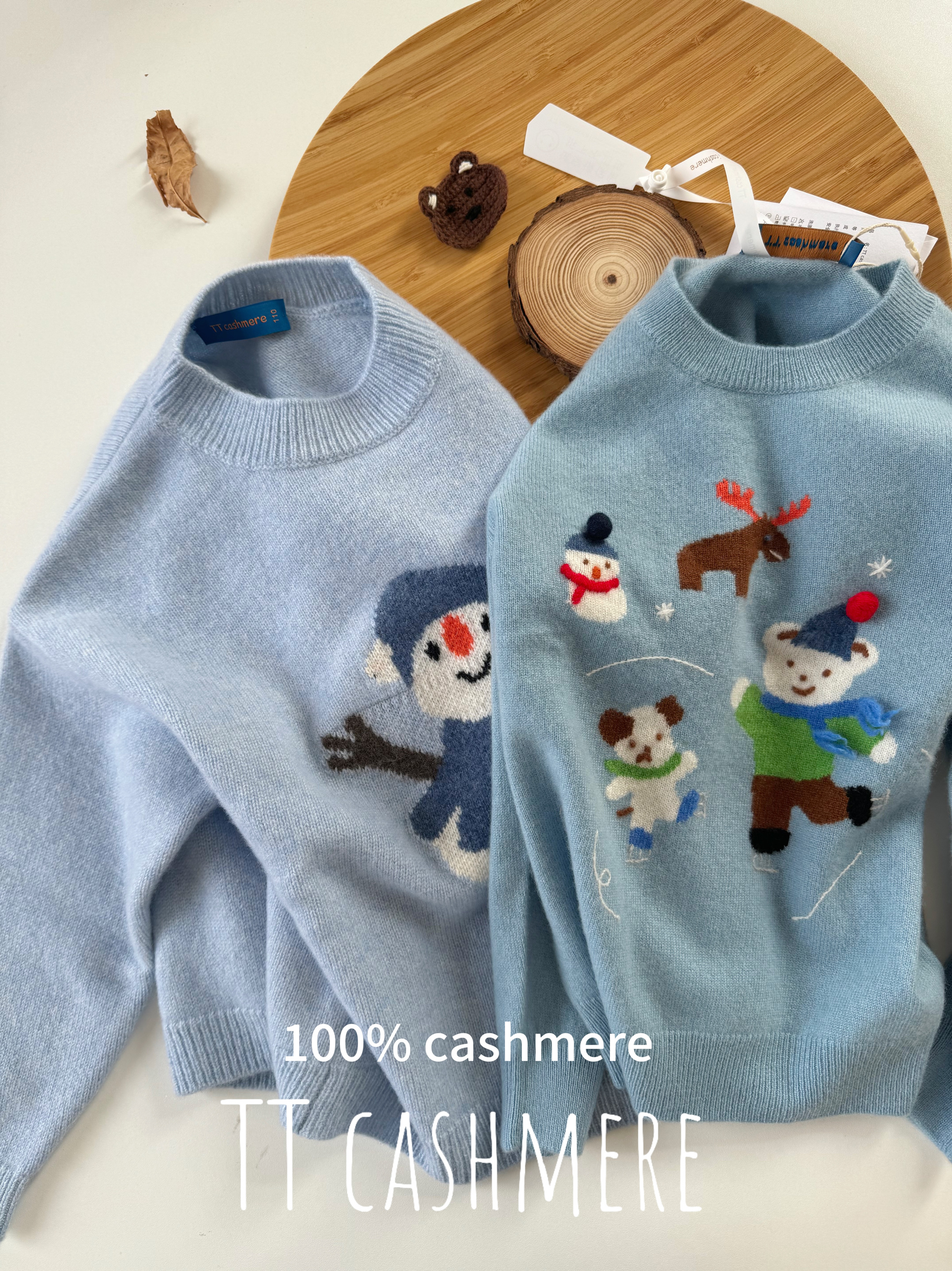 TT cashmere 秋冬新款儿童羊绒衫男女童山羊绒卡通小熊雪人毛衣