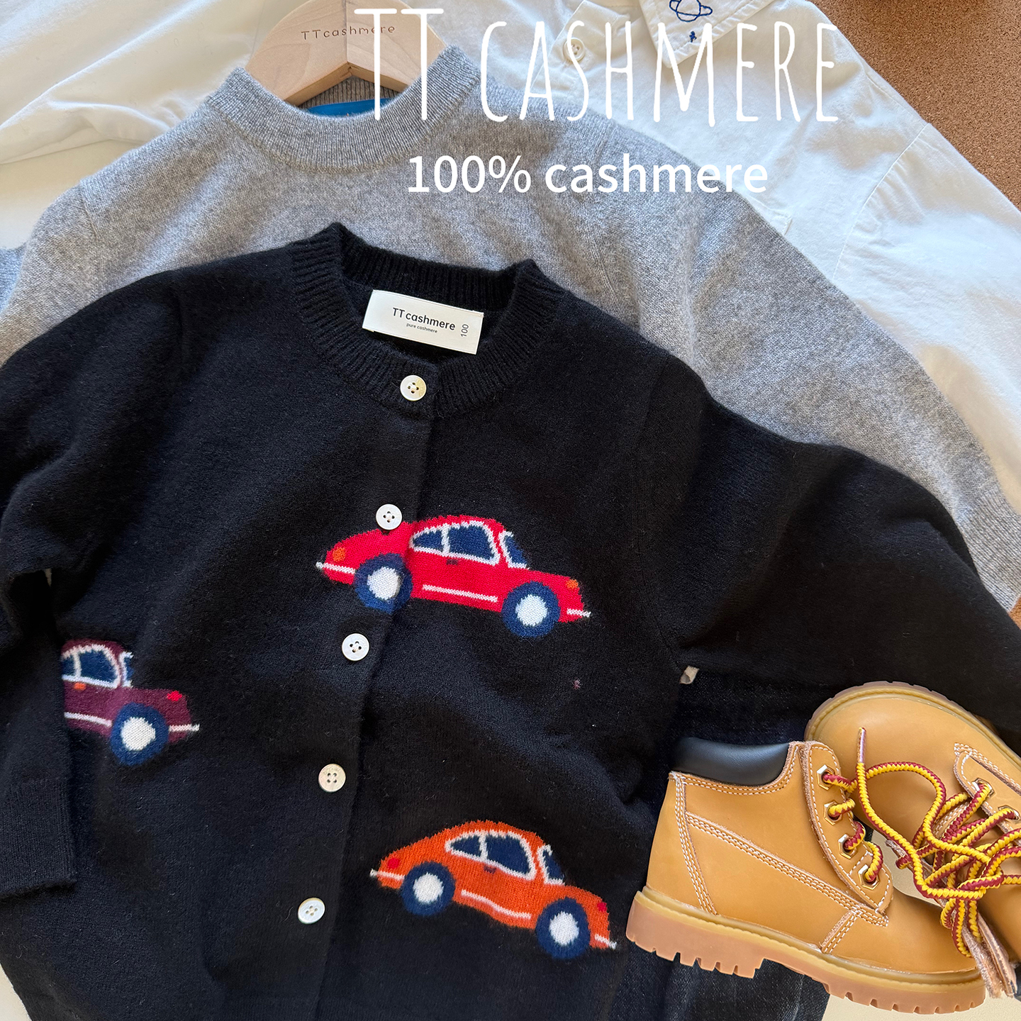 TTcashmere儿童提花山羊绒男童宝宝薄款软糯亲肤卡通小车针织开衫