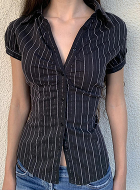 夏季美式时尚条纹衬衫女新款夏季新款撞色短袖排扣开衫显瘦