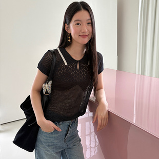 古风粗针钩花 2025夏Fu撞色镂空polo领短袖 针织衫 女2025夏季 新款