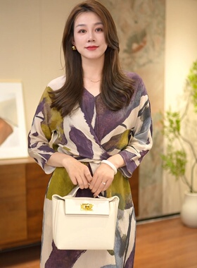 【紫墨鎏金】赵曼珍珠重绉提花长袖连衣裙印花女装裙子NC2022264