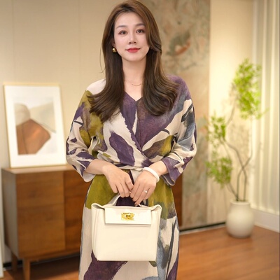 【紫墨鎏金】赵曼珍珠重绉提花长袖连衣裙印花女装裙子NC2022264