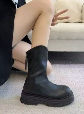 黑色百搭厚底马丁靴女2024冬季新款瘦瘦切尔西靴子中筒加绒靴