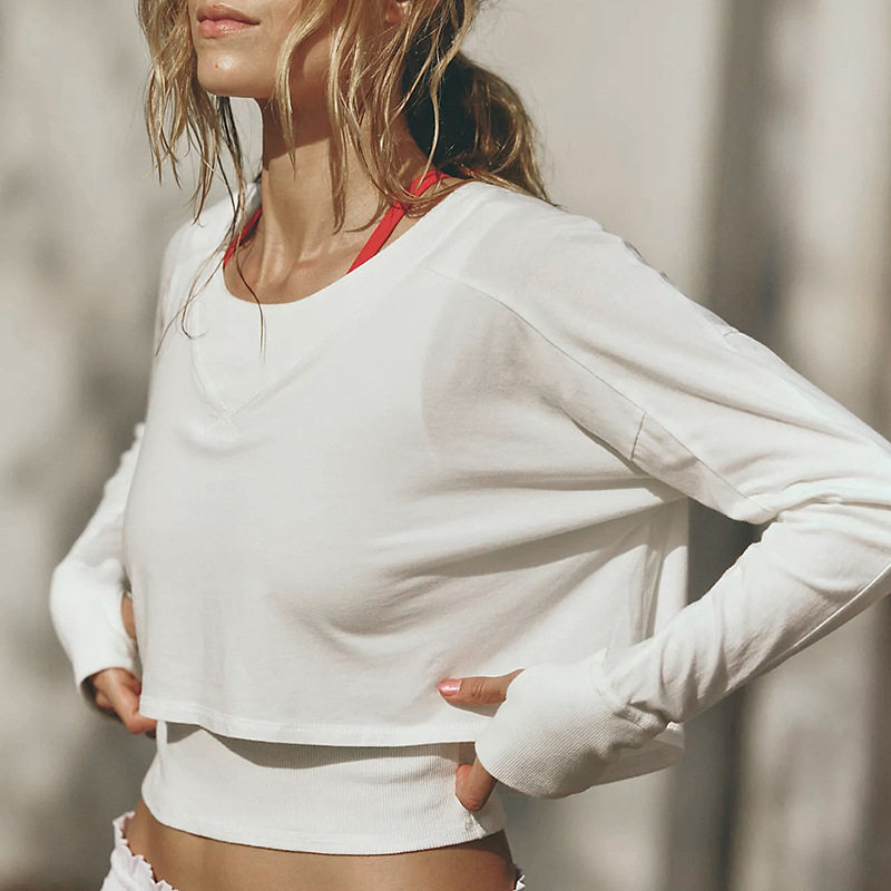 欧美风纯色露脐T恤女装纯棉百搭长袖打底衫 秋季运动圆领薄款卫衣