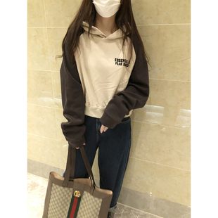 宽松显瘦长袖 连帽卫衣女新款 拼接收腰上衣 短款 superxue