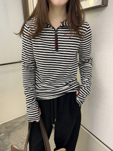 修身 韩版 休闲条纹半开领t恤女显瘦套指上衣 新款 superxue春装