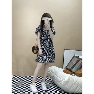女新款 碎花连衣裙夏季 方领显瘦高腰a字短裙子 泡泡袖 superxue