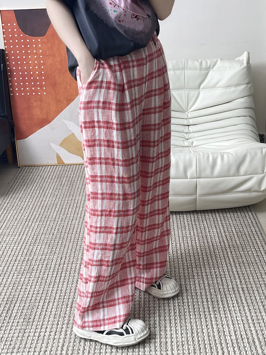 自然腰韩版休闲长裤粉格子
