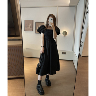 显瘦高腰a字裙中长款 连衣裙女夏新款 裙子 方领泡泡袖 superxue