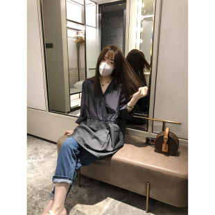 女夏小众设计宽松显瘦长袖 连衣裙新款 短裙子 V领衬衫 superxue