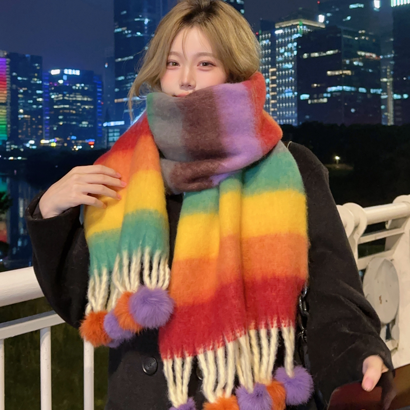 彩虹蛋糕系列秋冬季马海毛多巴胺保暖围巾女学生百搭流苏毛球围巾