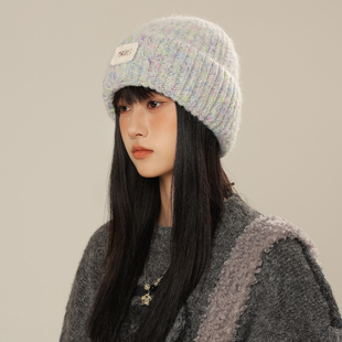 新款字母贴布毛线帽子女韩版杂色针织帽子秋冬百搭防风护耳帽冷帽