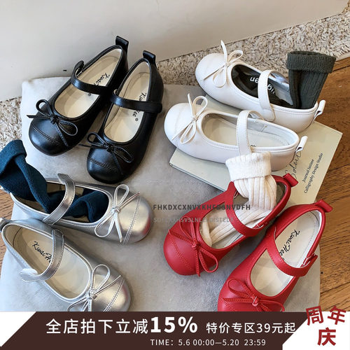 红色儿童浅口单鞋夏季新款女童皮鞋浅口女孩公主鞋蝴蝶结软底童鞋