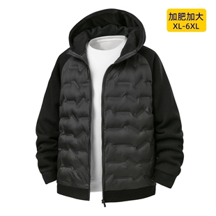 大码秋冬连帽轻薄款棉衣男加肥加大青年胖子保暖拼接加厚夹克外套